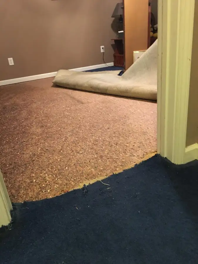 Carpet pad removal revealing water damage during Drying & Dehumidification in Central Falls